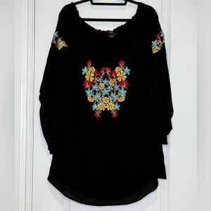 Rock & Roll Cowgirl Black Bell Sleeve Floral Embroidery Mini Dress Size L Boho